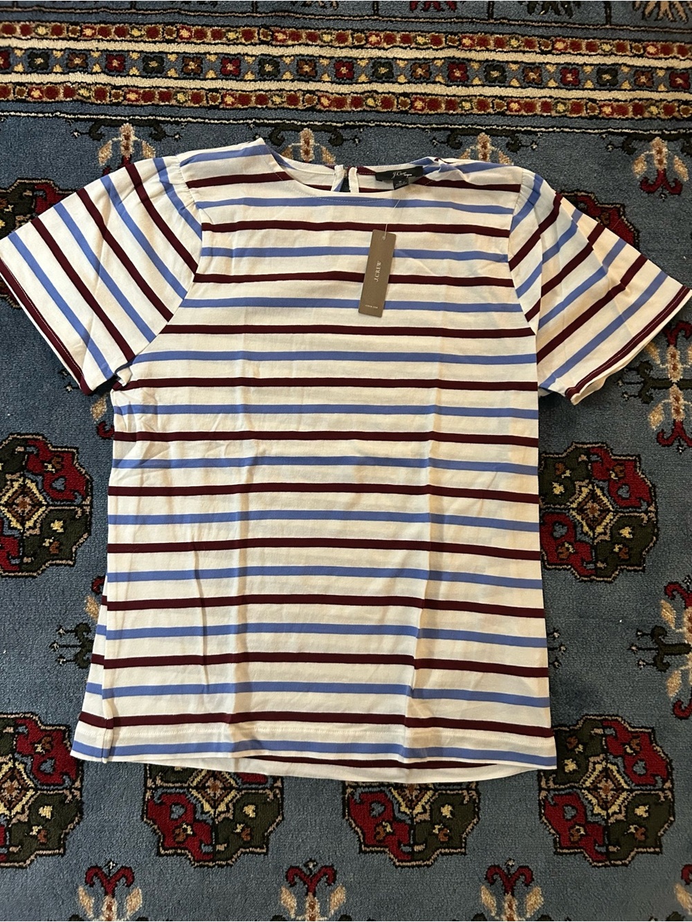 J. Crew White Short Sleeve Tee with Blue & Burgundy Stripes